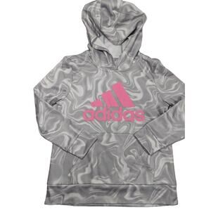 Adidas Girls Fleeced Hoodie Kids Big Logo Sweatshirt Gray Casual Pullover Size L